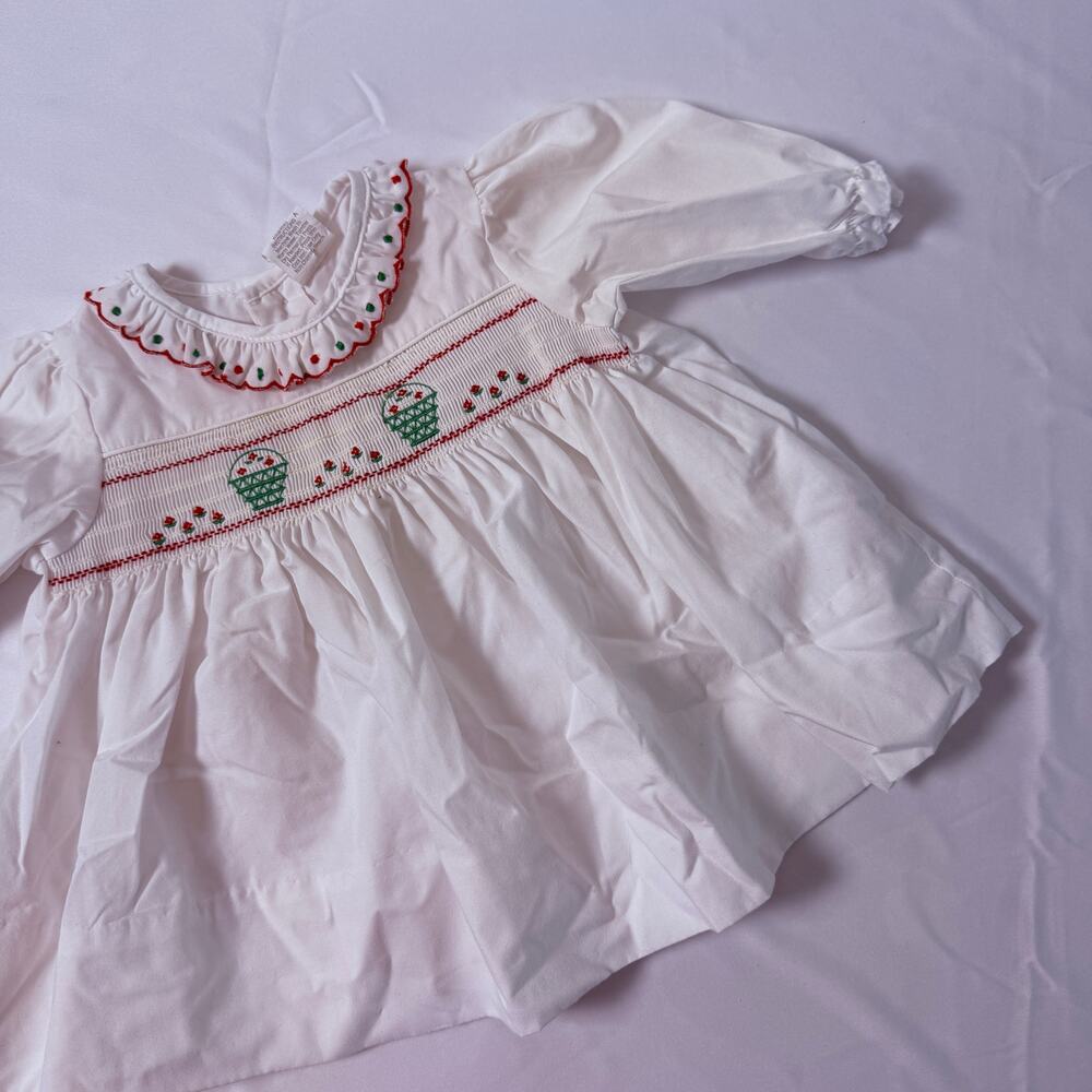 Vintage 80s Holiday Smocked Embroidered Peter Pan Collar White Christmas Dress